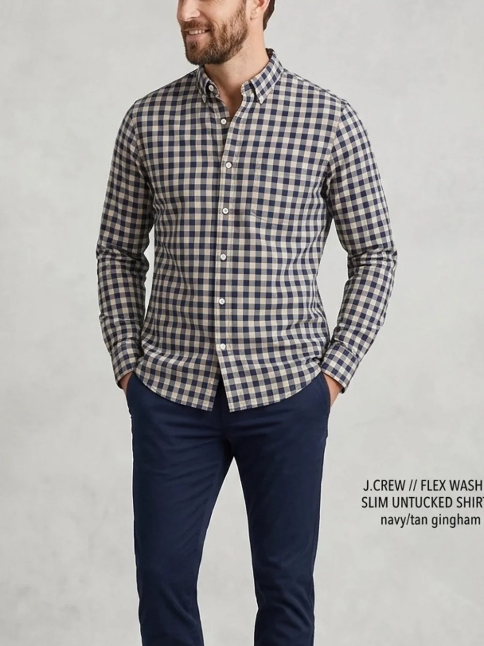 J.Crew Flex Washed Slim Untucked Gingham Shirt Mens Medium Blue Beige Stretch
